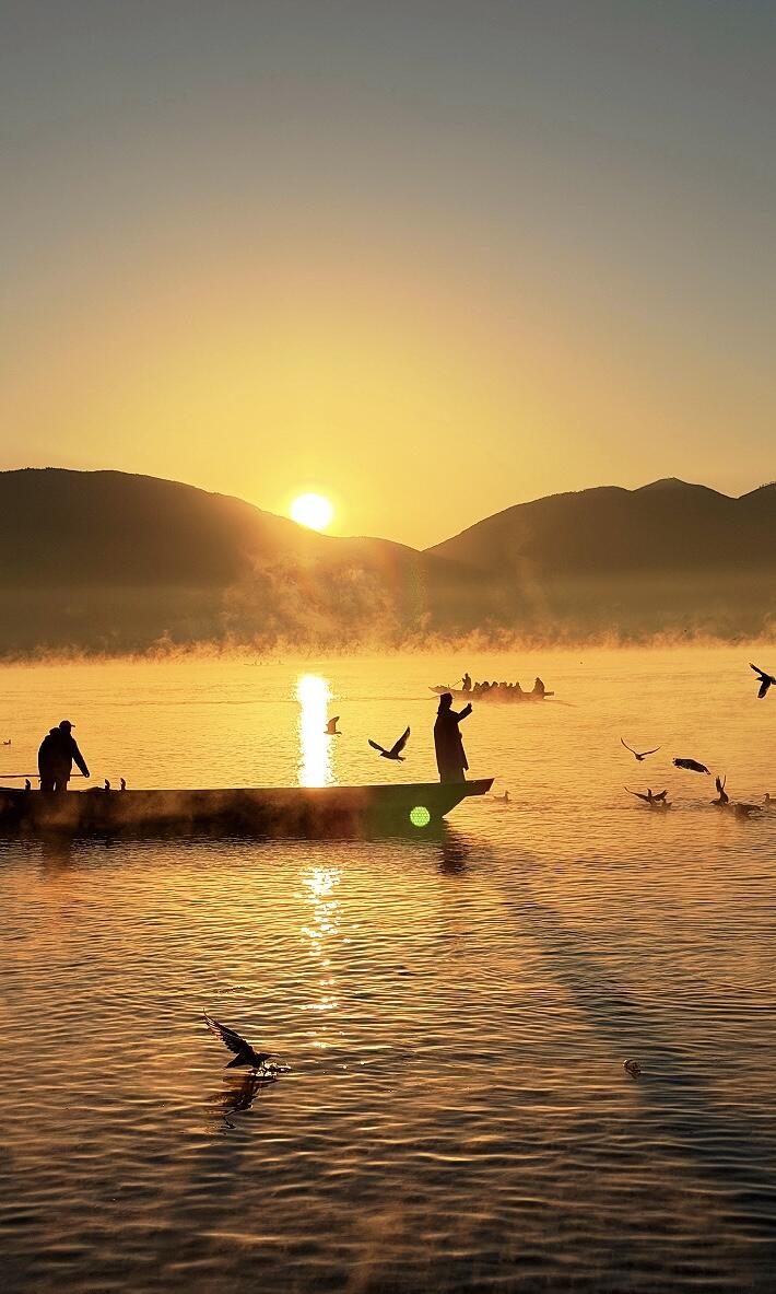 12月的瀘沽湖，迎來了封神的季節！日出晨霧絕美！紅嘴鷗已就位！